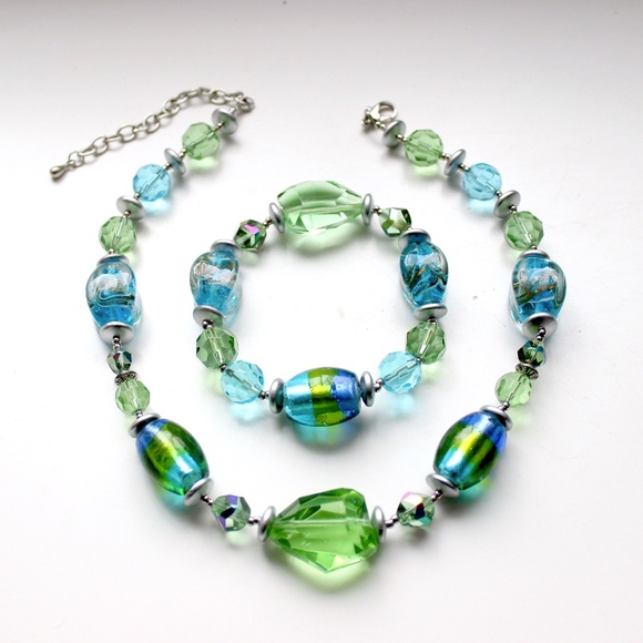 Art glass blue green beaded choker necklace and bracelet set lampwork Murano - Picture 8 of 8